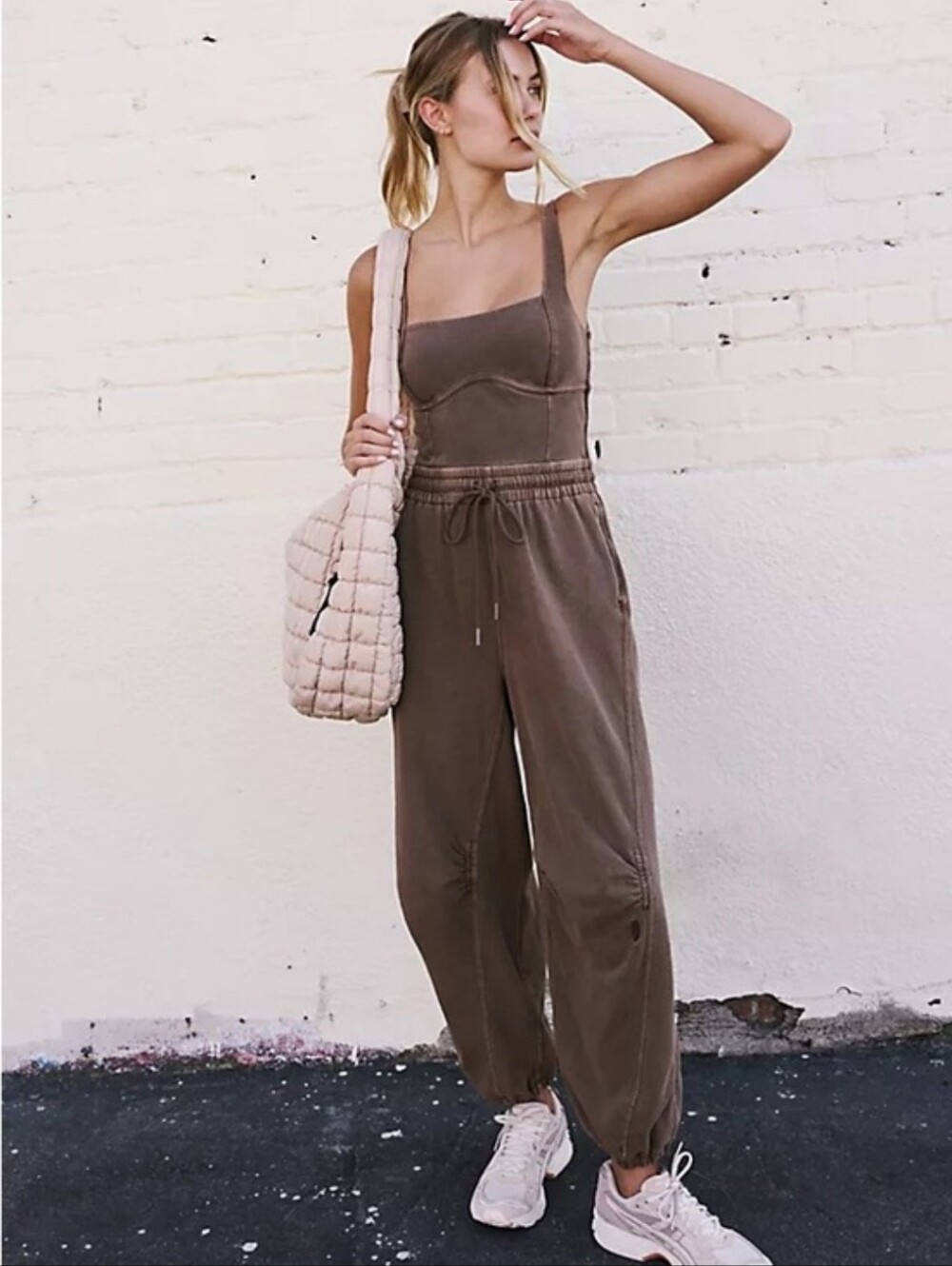 New Free People Inbound Washed Brown Square-Neck Jumpsuit with Drawstring Waist - Picture 1 of 8